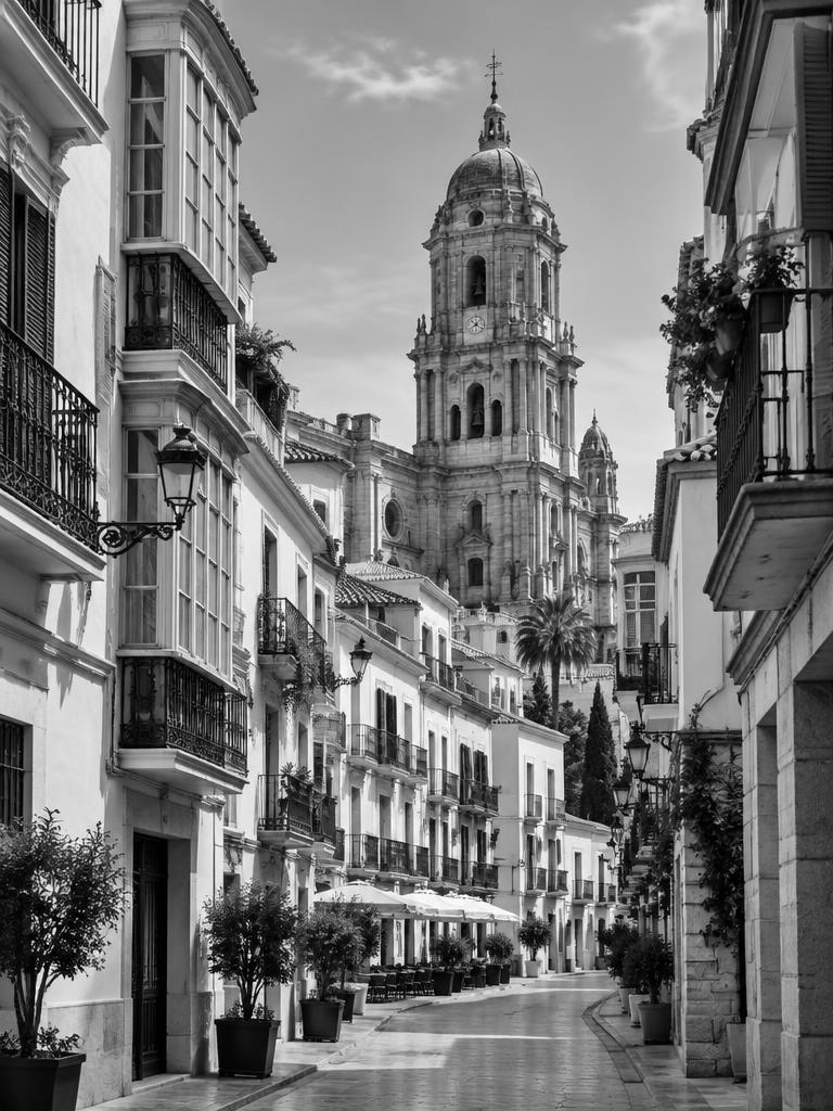 Calle junto a la catedral de Málaga, en blanco y negro